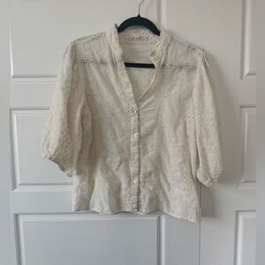 Solitaire Cream Eyelet Puff 3/4 Sleeve Boho Button Boxy Blouse Size X-Large